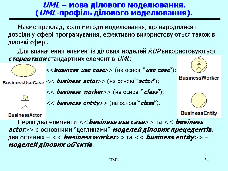 UML 24 UML – мова ділового моделювання.  (UML-профіль ділового моделювання).  Маємо приклад,
